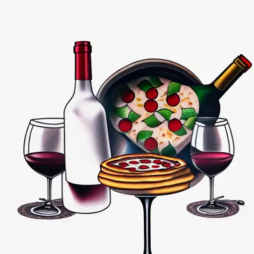 wine bottle and wine glass and pizza tattoo design idea