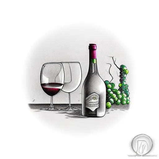 wine bottle and stemless wine glass tattoo design idea