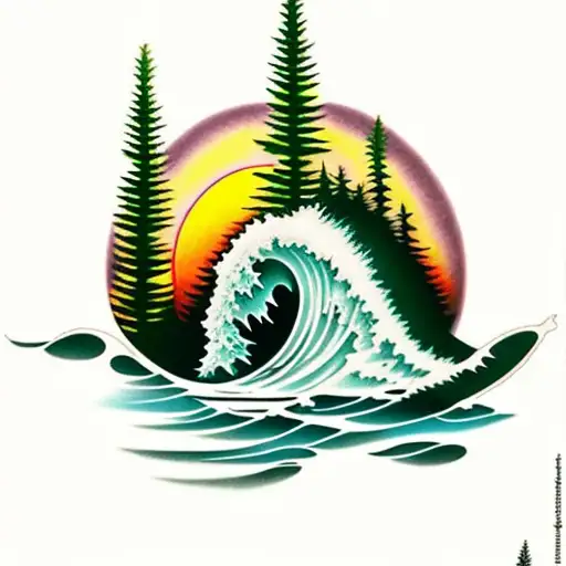 evergreen trees getting taller and taller with a sunset and maples leaves and pineapples and surfing waves tattoo design idea