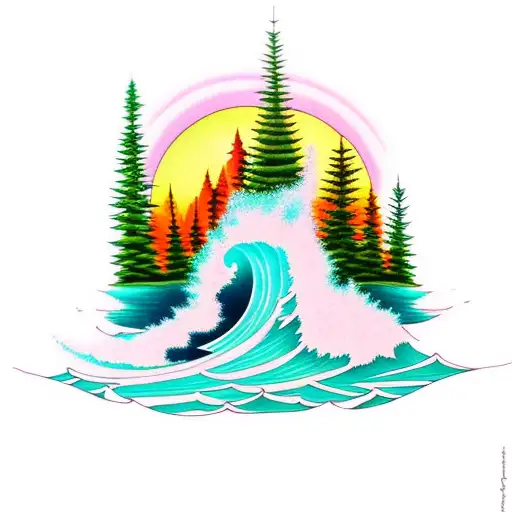 evergreen trees getting taller and taller with a sunset and maples leaves and pineapples and surfing waves tattoo design idea