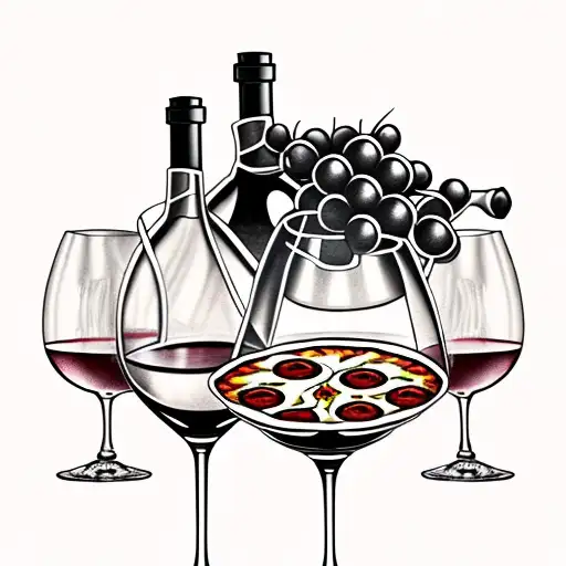 wine bottle and wine glass and pizza tattoo design idea