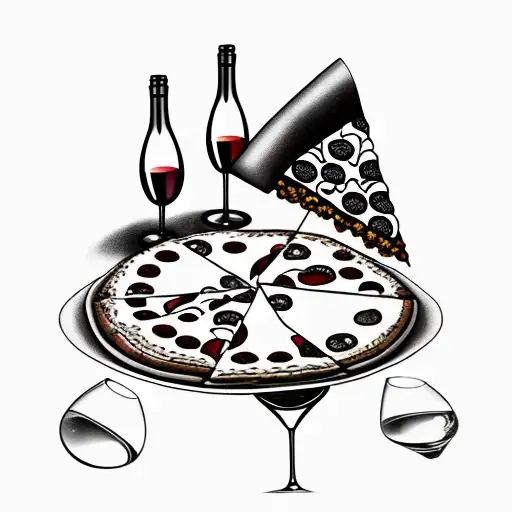 wine bottle and wine glass and pizza tattoo design idea