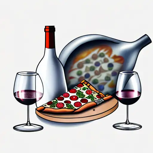 wine bottle and wine glass and pizza tattoo design idea