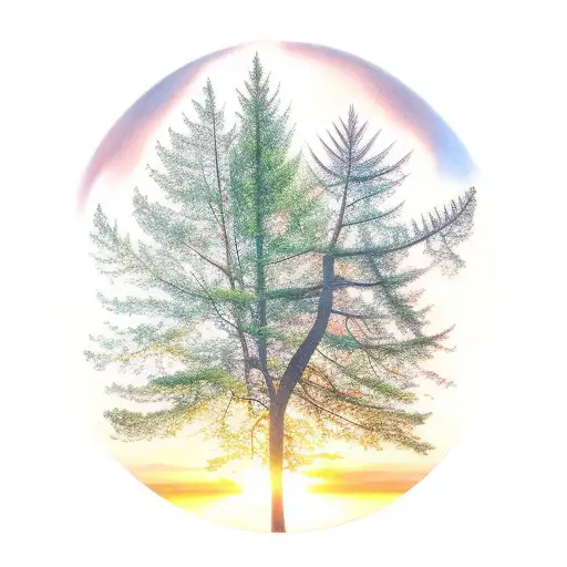 evergreen trees getting taller and taller with a sunset and maples leaves tattoo design idea