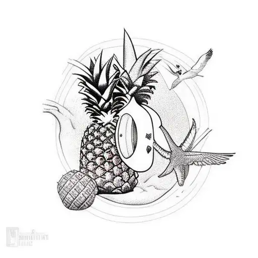Beach sunset with pineapples and sparrows tattoo design idea