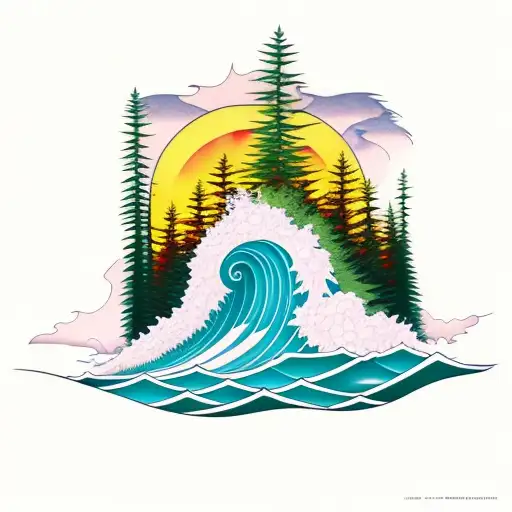 evergreen trees getting taller and taller with a sunset and maples leaves and pineapples and surfing waves tattoo design idea