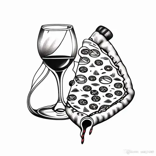 wine bottle and wine glass and pizza tattoo design idea
