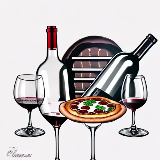 wine bottle and wine glass and pizza tattoo design idea