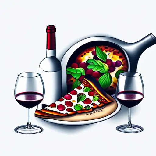 wine bottle and wine glass and pizza and fried chicken tattoo design idea