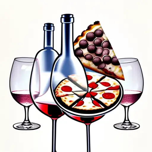 wine bottle and wine glass and pizza tattoo design idea