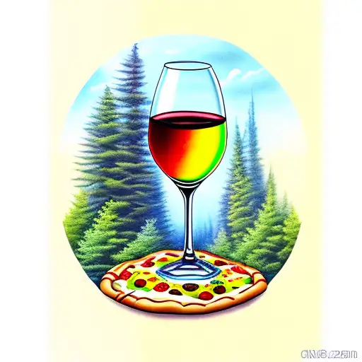 pouring wine from glass but wine turns in to pizza in a forest tattoo design idea