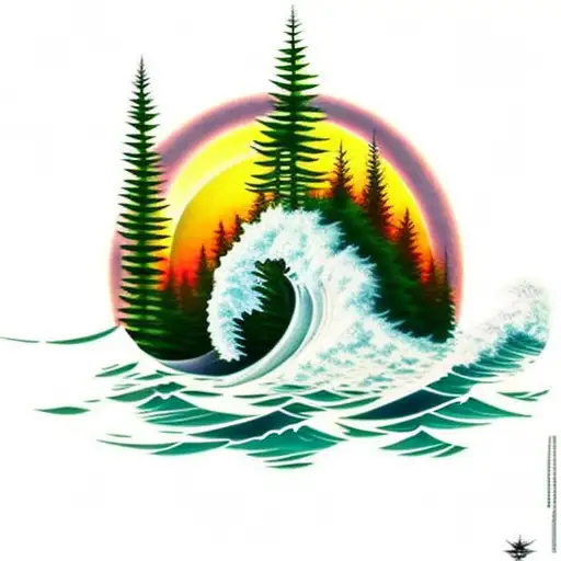 evergreen trees getting taller and taller with a sunset and maples leaves and pineapples and surfing waves tattoo design idea