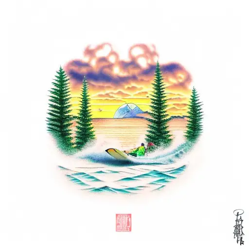 evergreen trees getting taller and taller with a sunset and maples leaves and pineapples and surfing waves tattoo design idea