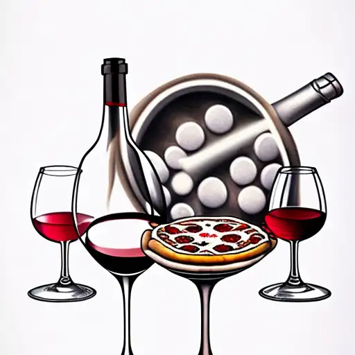 wine bottle and wine glass and pizza tattoo design idea