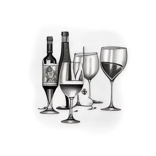 wine bottle and wine glass and pizza tattoo design idea