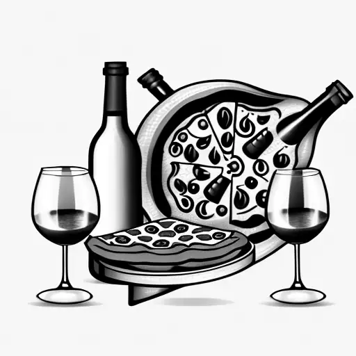 wine bottle and wine glass and pizza and fried chicken tattoo design idea