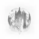 Coniferous trees with the red river in the middle surrounded by pineapples and rastafari colors tattoo design idea