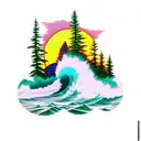 evergreen trees getting taller and taller with a sunset and maples leaves and pineapples and surfing waves tattoo design idea