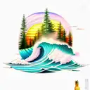 evergreen trees getting taller and taller with a sunset and maples leaves and pineapples and surfing waves tattoo design idea