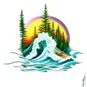 evergreen trees getting taller and taller with a sunset and maples leaves and pineapples and surfing waves tattoo design idea