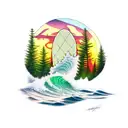 evergreen trees getting taller and taller with a sunset and maples leaves and pineapples and surfing waves tattoo design idea