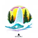 evergreen trees getting taller and taller with a sunset and maples leaves and pineapples and surfing waves tattoo design idea