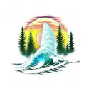 evergreen trees getting taller and taller with a sunset and maples leaves and pineapples and surfing waves tattoo design idea