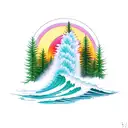 evergreen trees getting taller and taller with a sunset and maples leaves and pineapples and surfing waves tattoo design idea