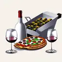 wine bottle and wine glass and pizza and fried chicken tattoo design idea