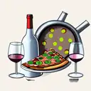 wine bottle and wine glass and pizza and fried chicken tattoo design idea