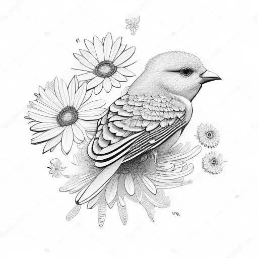 yellow bird with daisies tattoo design idea