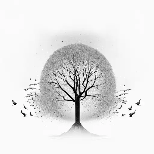 A stylized geometric tree with birds perched on its branches tattoo design idea