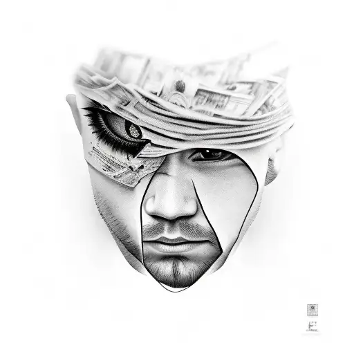 Burning city reflecting from his eye and text underneath his head saying "Fuck The System" tattoo design idea