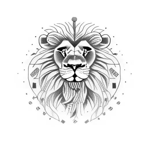 Lion head with roses broken old watch number 13 as card tattoo design idea