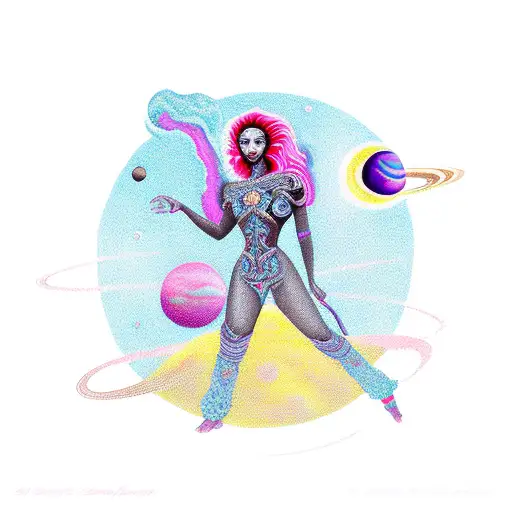 Blavk women with different planets floating around her and a universe in her hands floating make it colorful tattoo design idea