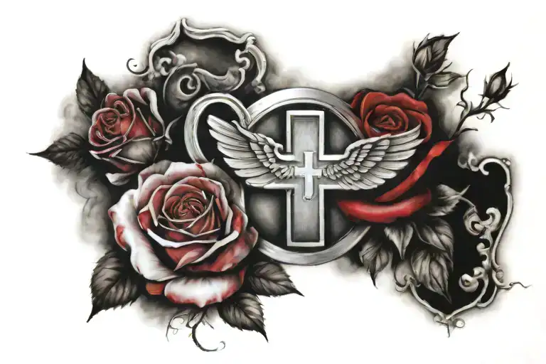 Red Cross and roses and shaded cloud tattoo design idea