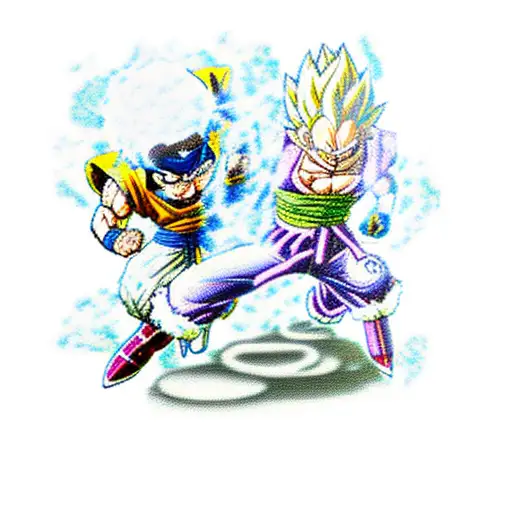 Dragon Ball and One Piece crossover battle scene tattoo design idea