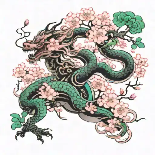 pink sakura tree with white petals flowing off of it, black dragon with emerald green highlights, spirits floating.  tattoo design idea
