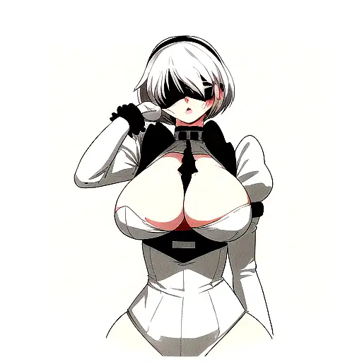 2B with a mole under her lips as well as a white blindfold covering her eyes, white hair, a well defined body with a lar tattoo design idea