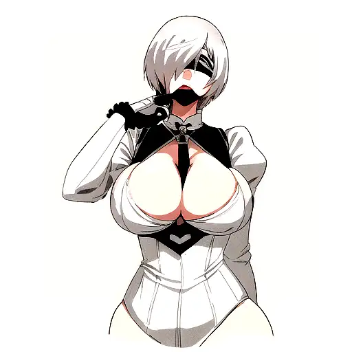 Character 2B with a mole under her lips as well as a white blindfold covering her eyes, white hair, a well-structured an tattoo design idea