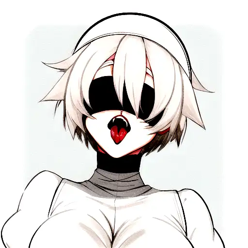 2B with a white blindfold covering her eyes, white hair, medium-sized bust, making an ahegao expression, and the design  tattoo design idea