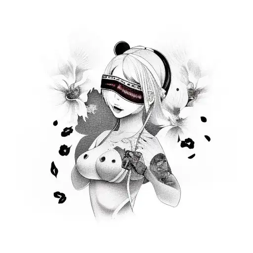 2B with a mole under her lips as well as a white blindfold covering her eyes, white hair, a well defined body with a lar tattoo design idea