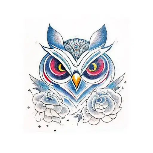 A mystical owl with intricate patterns and symbols, representing spiritual enlightenment tattoo design idea