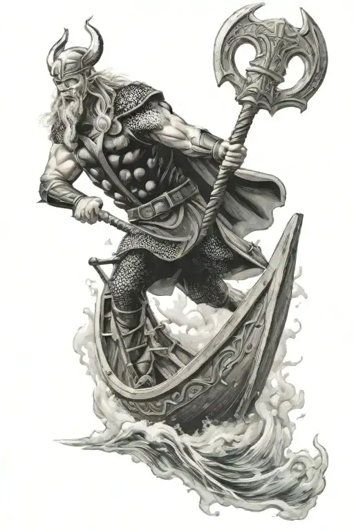 Thor on a Viking ship in battle tattoo design idea