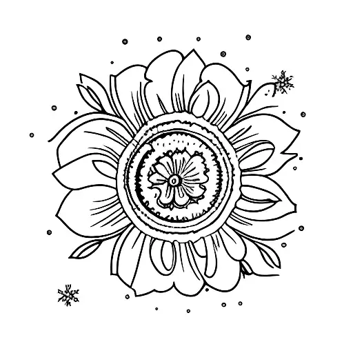 bouqet with a snow drop, violet, rose, daffodil, daisy, holly, and cosmos tattoo design idea