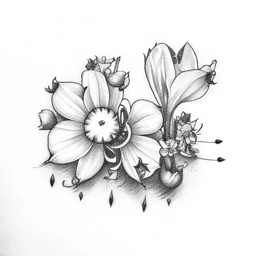 bouqet with a snow drop, violet, rose, daffodil, daisy, holly, and cosmos tattoo design idea