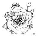 bouqet with a snow drop, violet, rose, daffodil, daisy, holly, and cosmos tattoo design idea