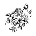 bouqet with a snow drop, violet, rose, daffodil, daisy, holly, and cosmos tattoo design idea