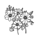 bouqet with a snow drop, violet, rose, daffodil, daisy, holly, and cosmos tattoo design idea