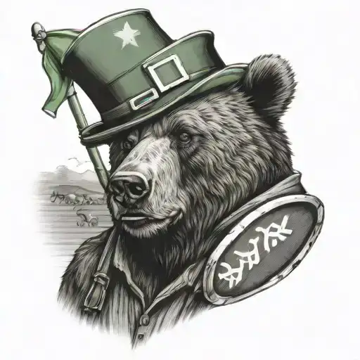 bear as an Irish farmer with an Irish and Russian flag crossover in the background tattoo design idea